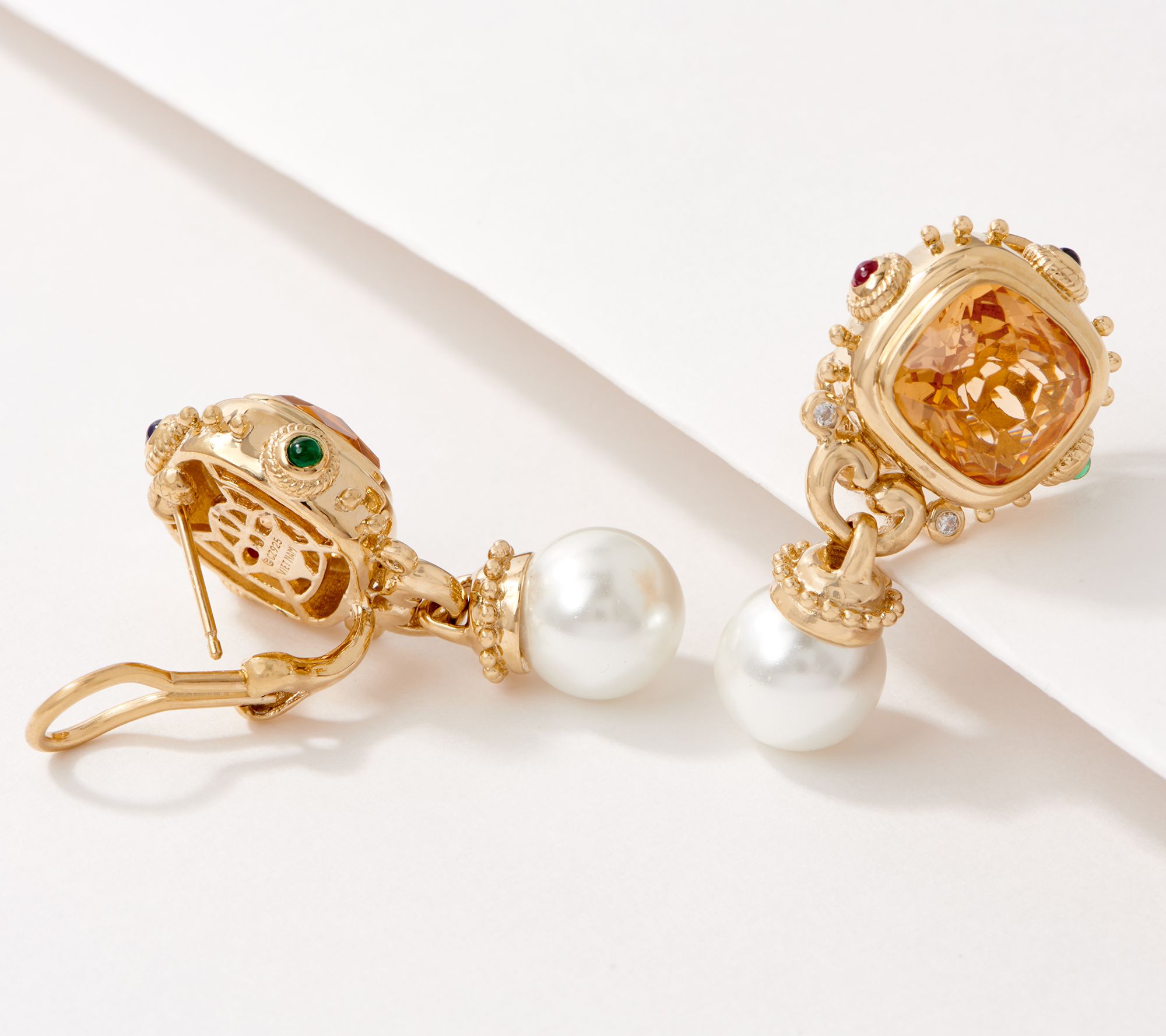 TOVA Diamonique Golden Citrine and Pearl Drop Earrings, Sterling Silver