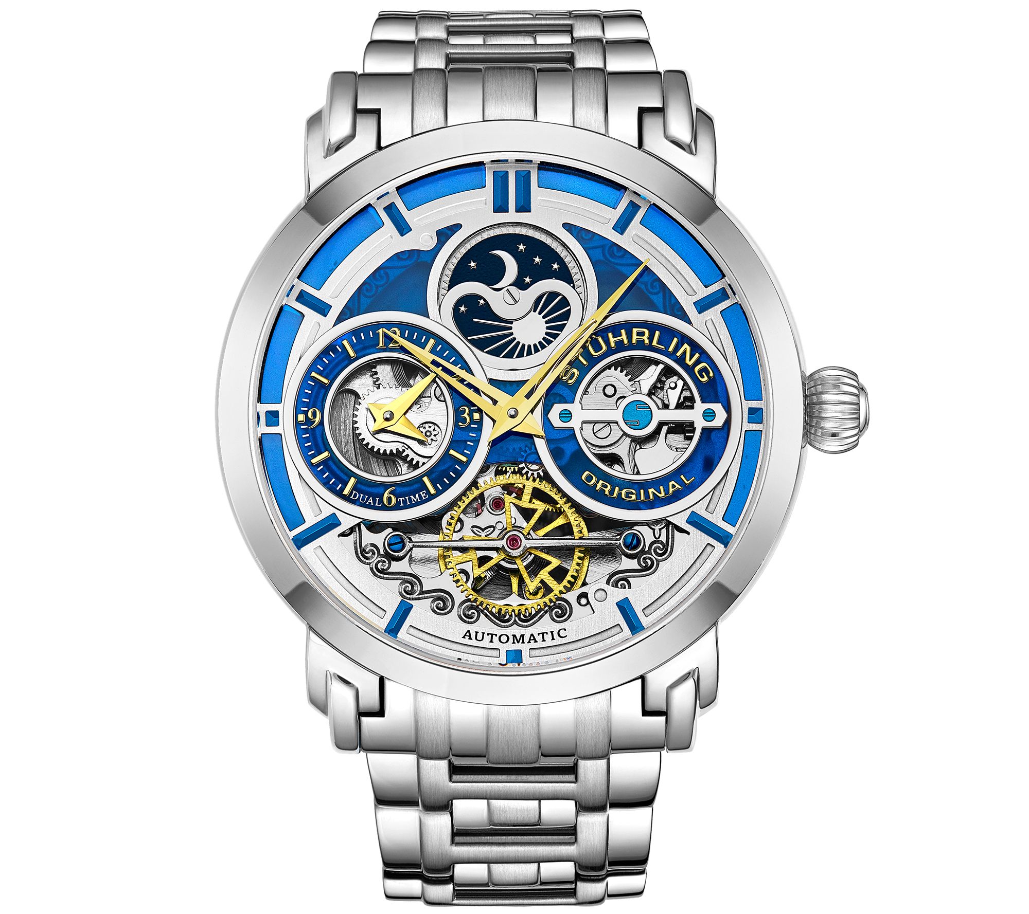Stuhrling Mens Luciano Skeleton Stainless Watc h w/ Link Stra