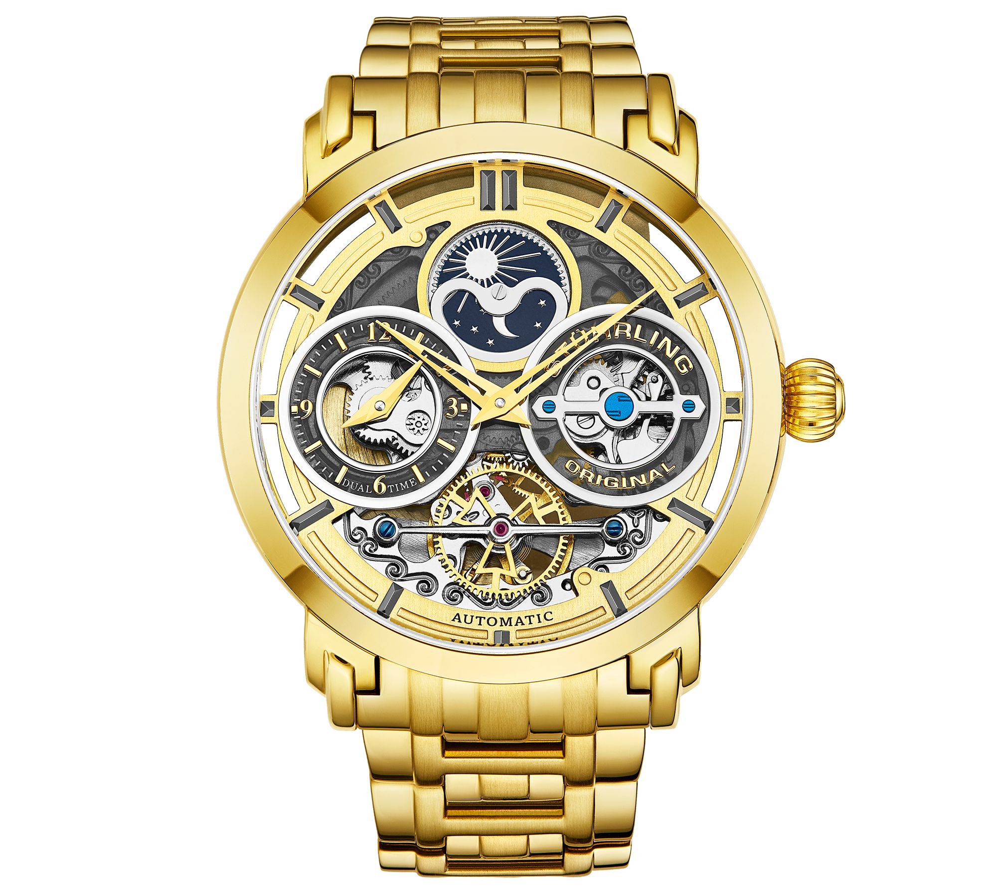 Stuhrling Mens Luciano Skeleton Goldtone Watch w/ Link Strap