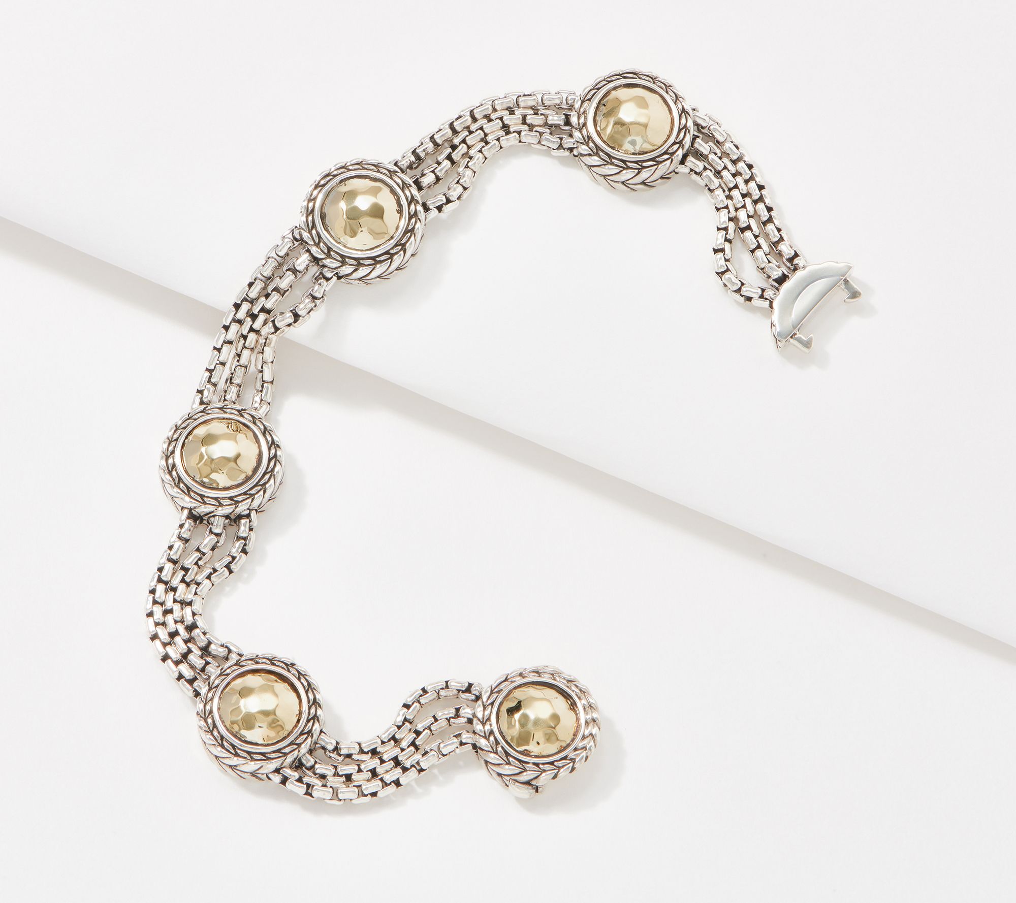 JAI Sterling Silver & 14k Gold Hammered Multi- Box Chain Brace