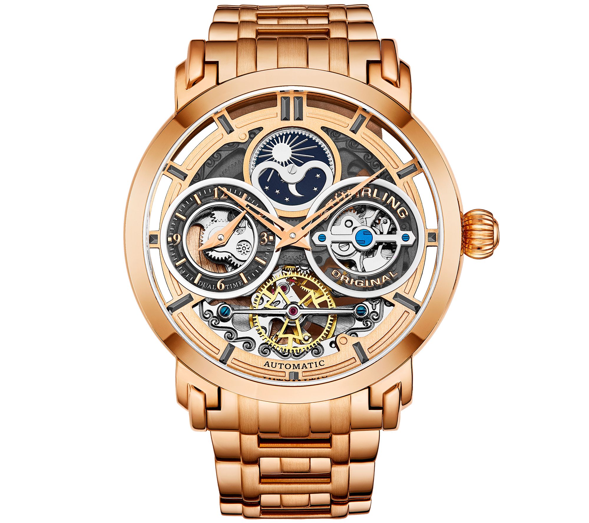 Stuhrling Mens Luciano Skeleton Rosetone Watch w/ Link Strap