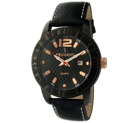 Peugeot Mens Black Leather Strap Sport Bezel W atch