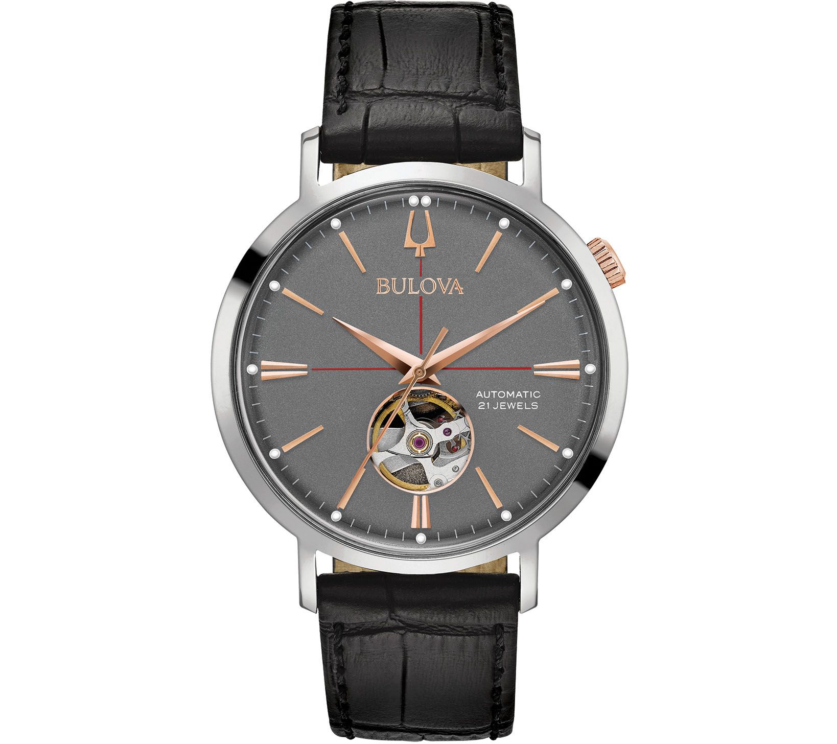 Bulova Mens Classic Automatic Watch, Black Lea ther Strap
