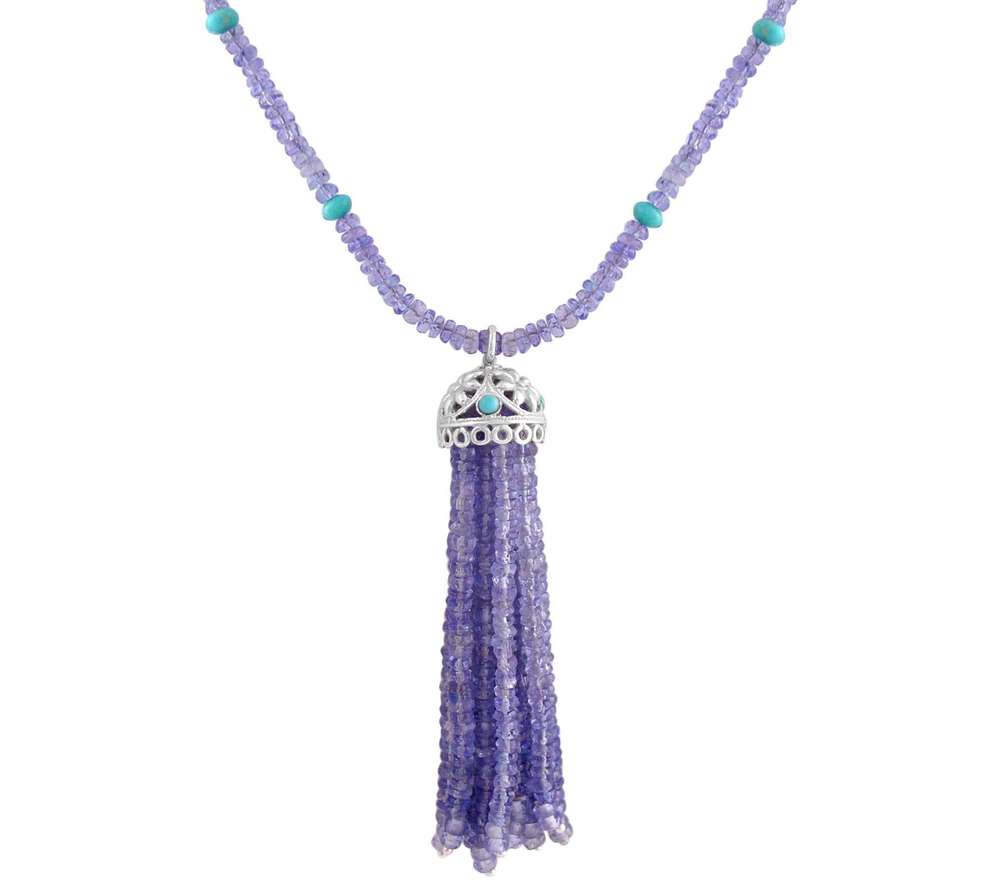 Tanzanite & Turquoise Bead Tassel Necklace, Ste rling