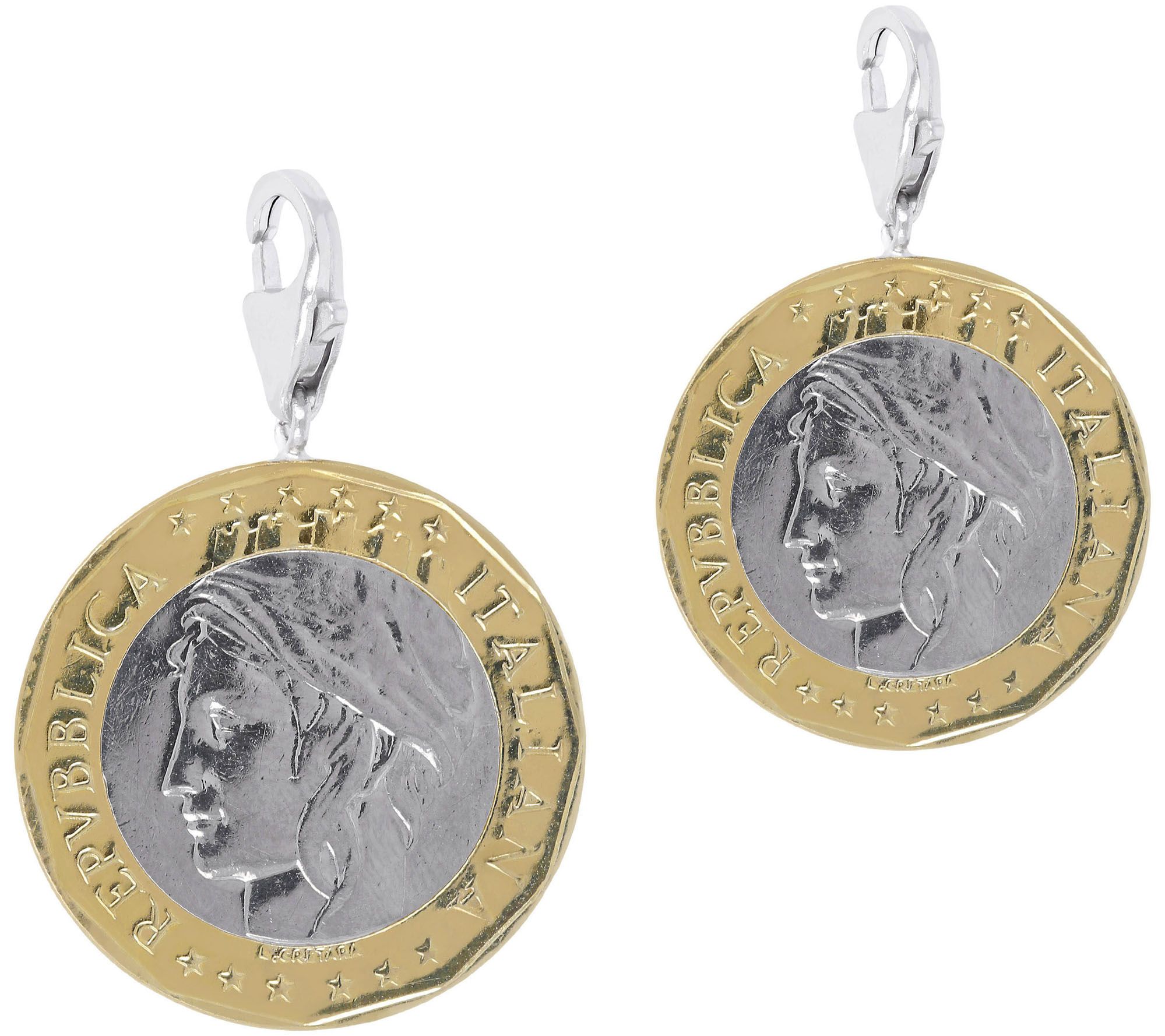 Italian Silver Set of 2 1000-Lire Coin Charms, terling