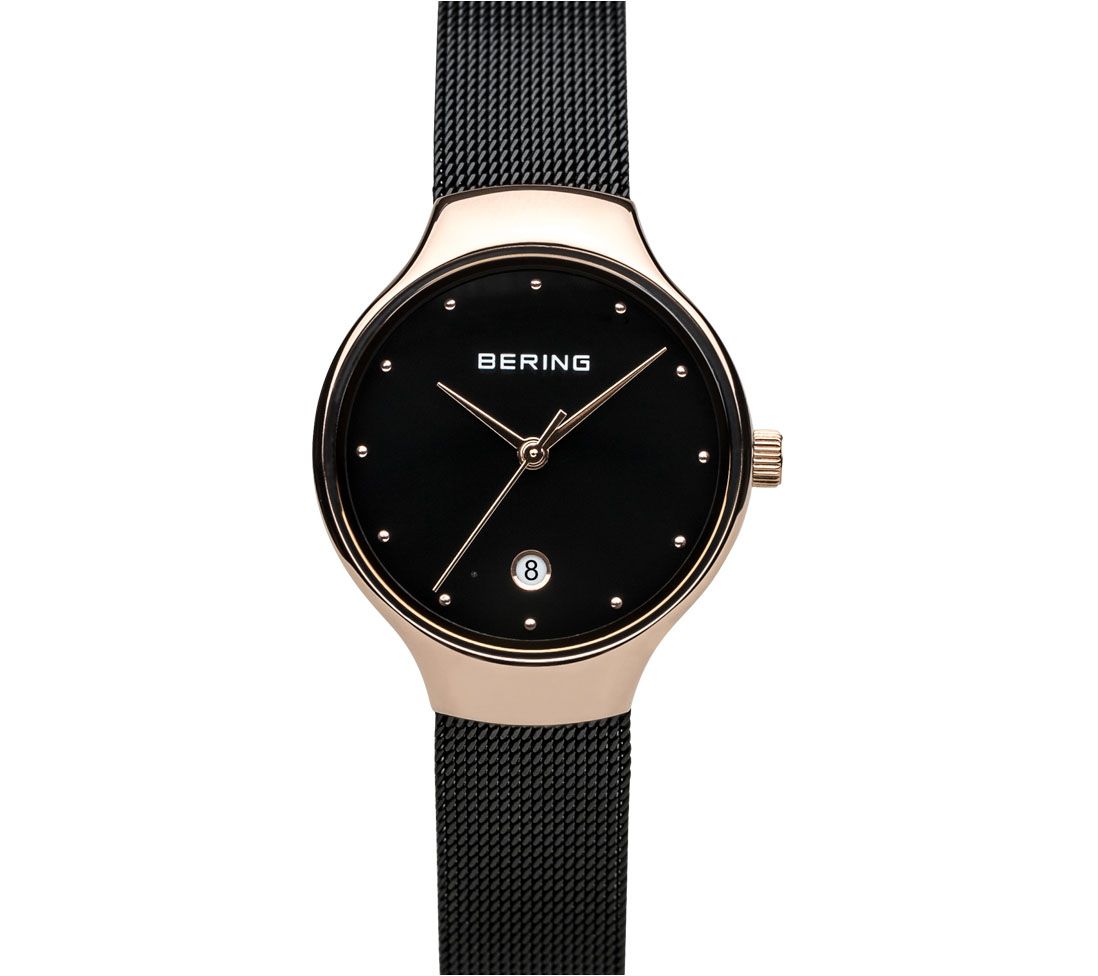 Bering Womens Classic Rosetone & Black Mesh Br acelet Watch