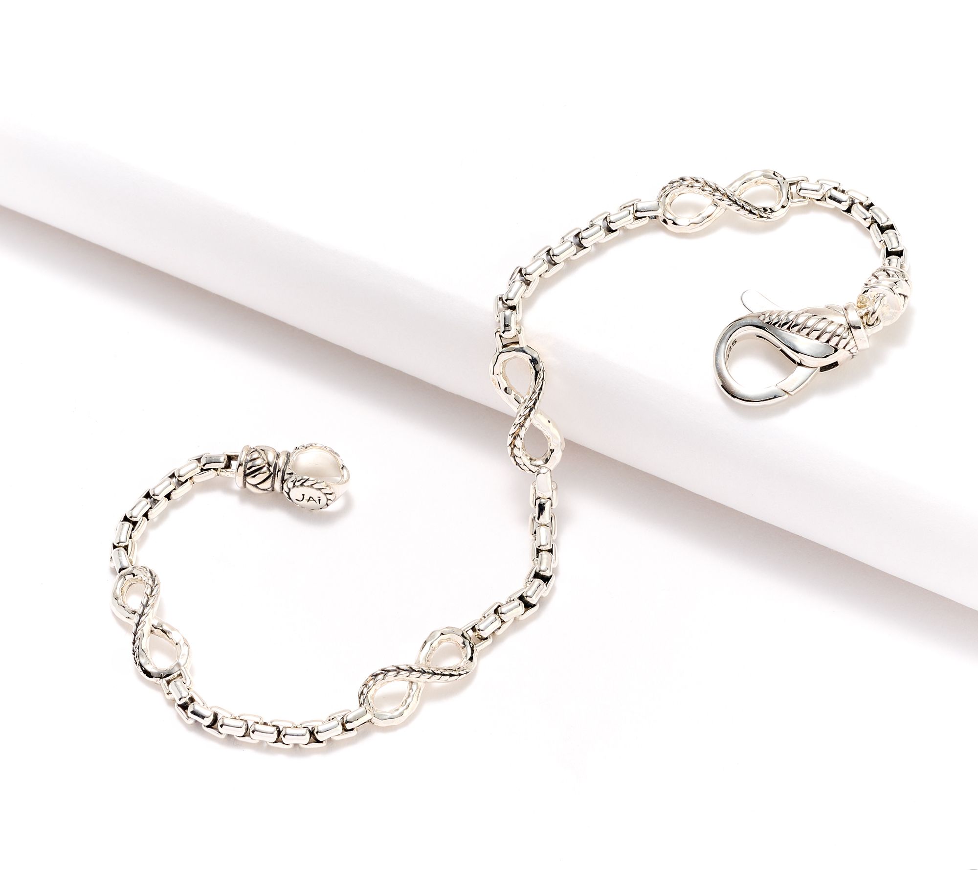 JAI Sterling Silver Symbols of Love Box Chain Station Bracele