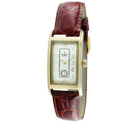Peugeot Mens Vintage-Style Leather Strap Conto ured Dial Watc
