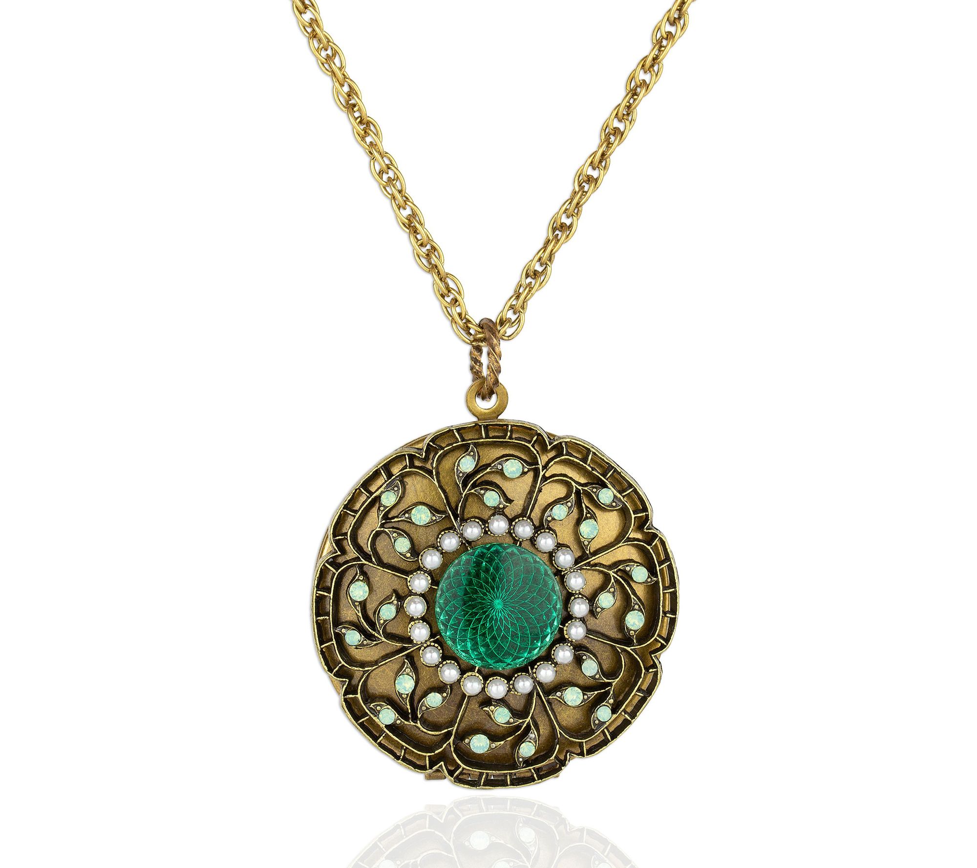Anne Koplik Vintage Glass & Crystal Green L ock et w/ Chain
