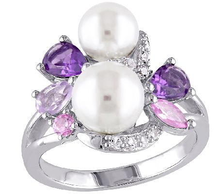 Sterling Multi-Gemstone & Cultured Pearl Cluste r Ring