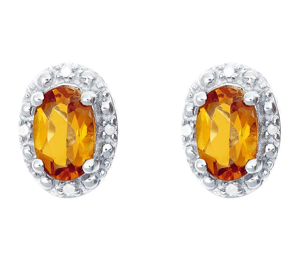 Sterling Oval Gemstone Stud Earrings with Diamo nd Accent