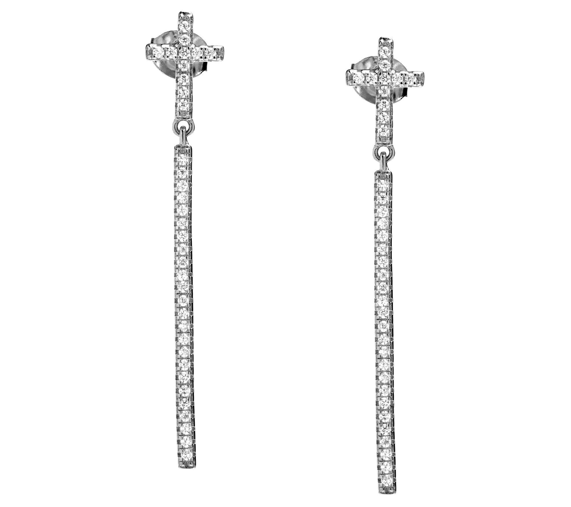 Italian Silver Sterling Crystal Cross w/ Stick Dangle Earrings