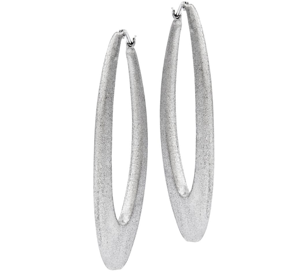 Italian Silver Elongated Oval Satin Hoop Earrin gs
