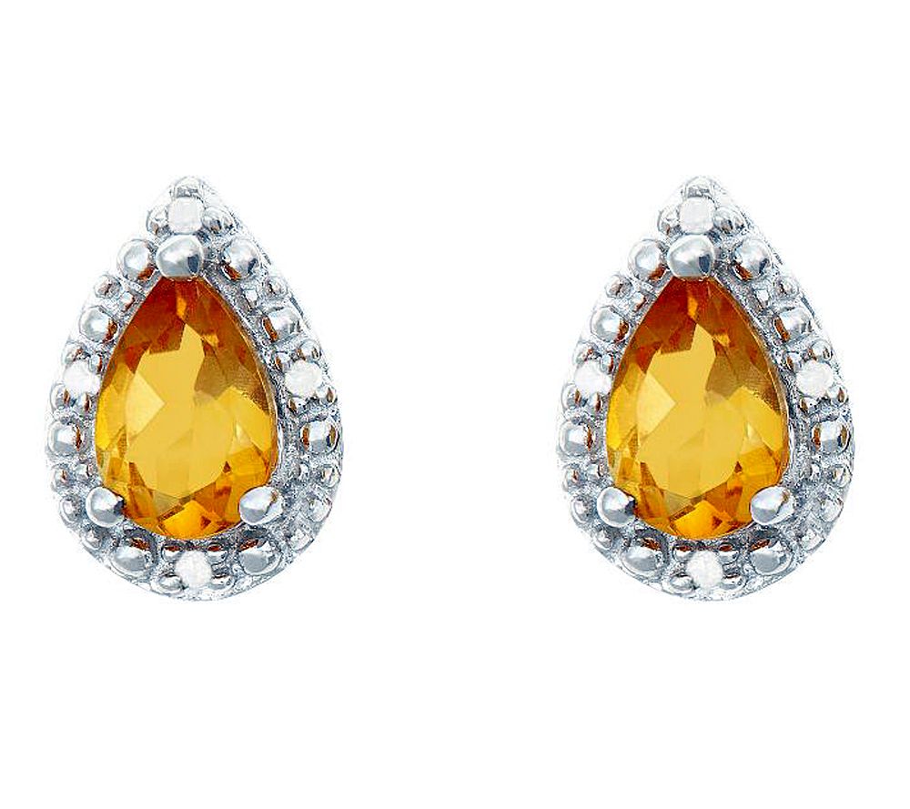 Sterling Pear-Shaped Gemstone Stud Earrings w/ Diamond Accent