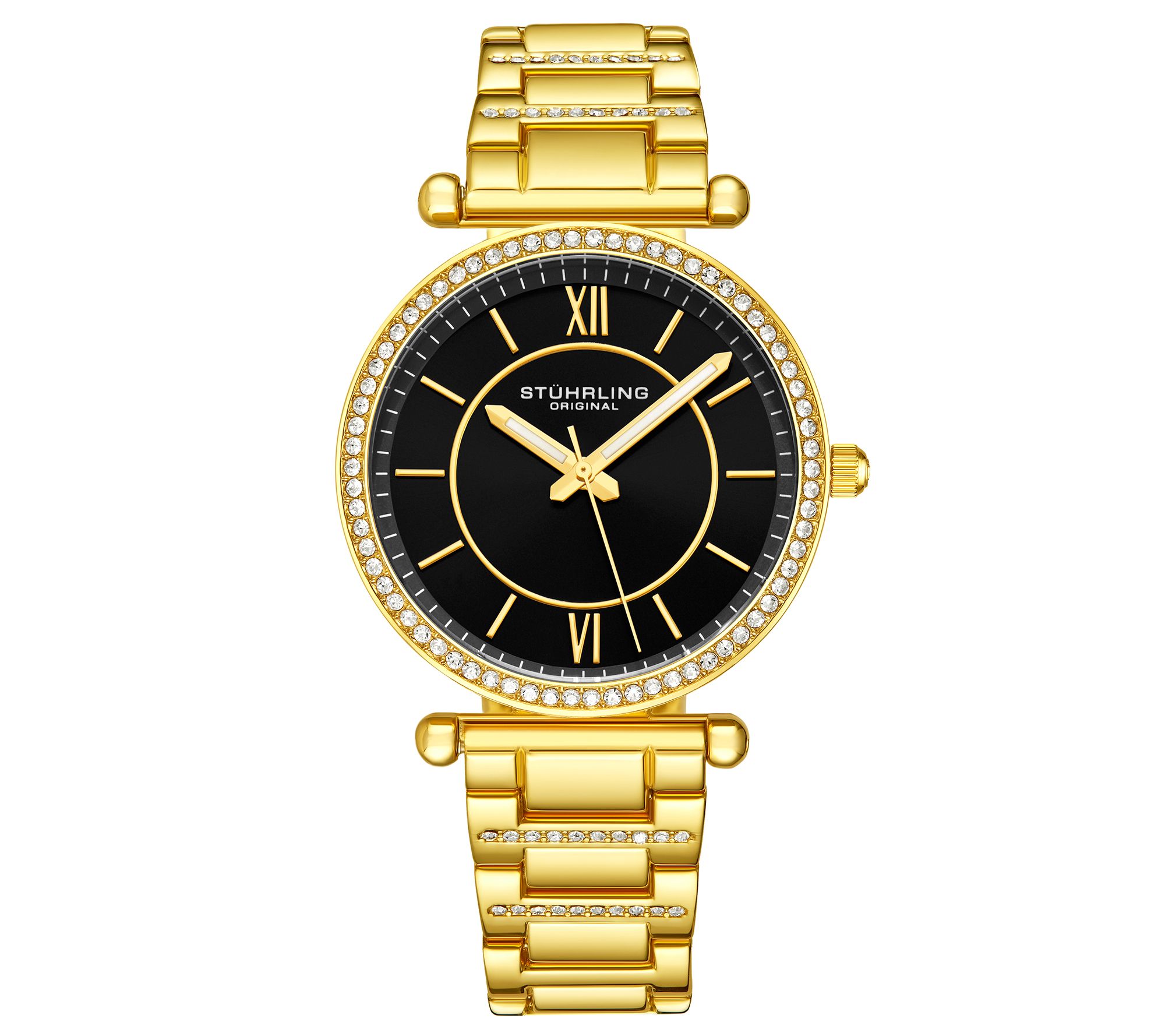 Stuhrling Womens Aria Goldtone Black Dial Watc h