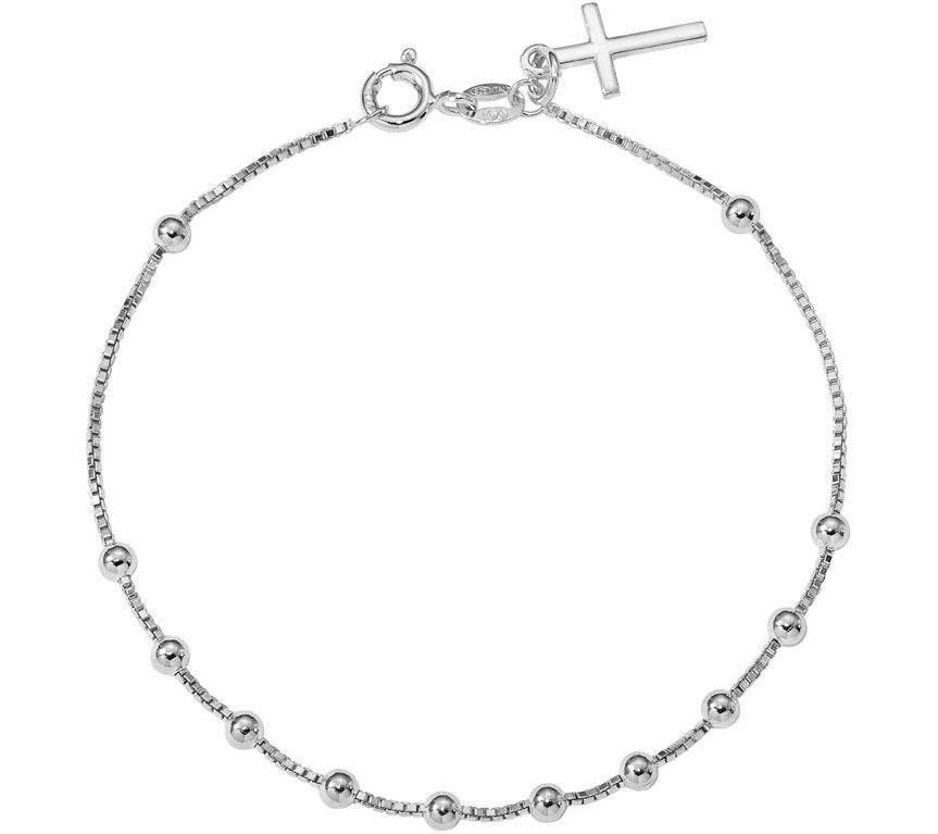 Italian Silver Beaded Cross Dangle Bracelet Ste rling, 2.5g
