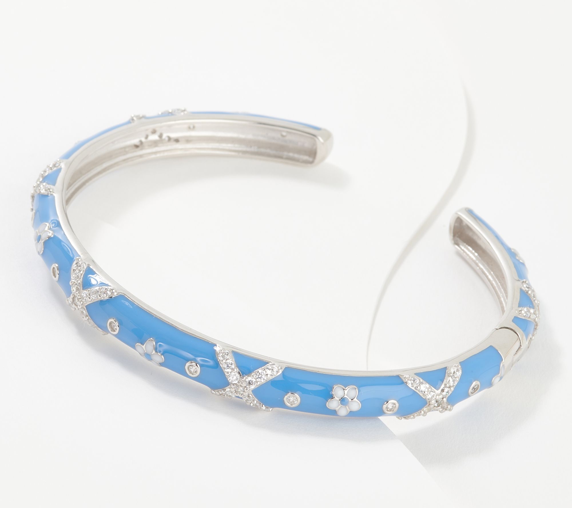 Diamonique Flower Print Enamel Bangle, Sterling Silver