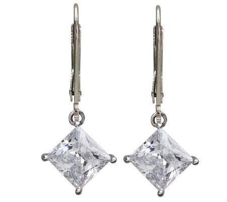 Diamonique Princess Cut Lever Back Earrings, Pl atinum Clad