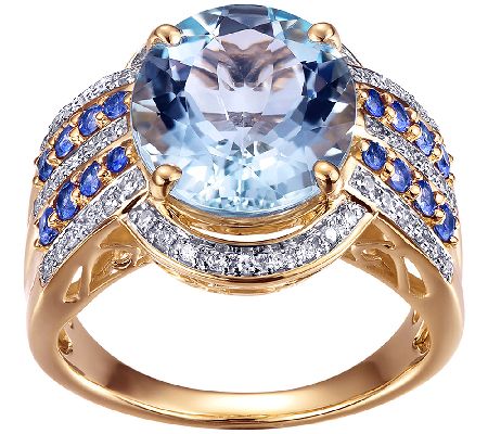 4.40cttw Aquamarine & Sapphire Ring w/Diamond A ccents, 14K