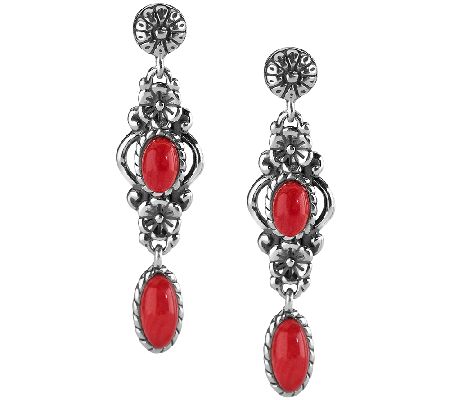 American West Sterling Red Coral Floral Drop Ea rrings