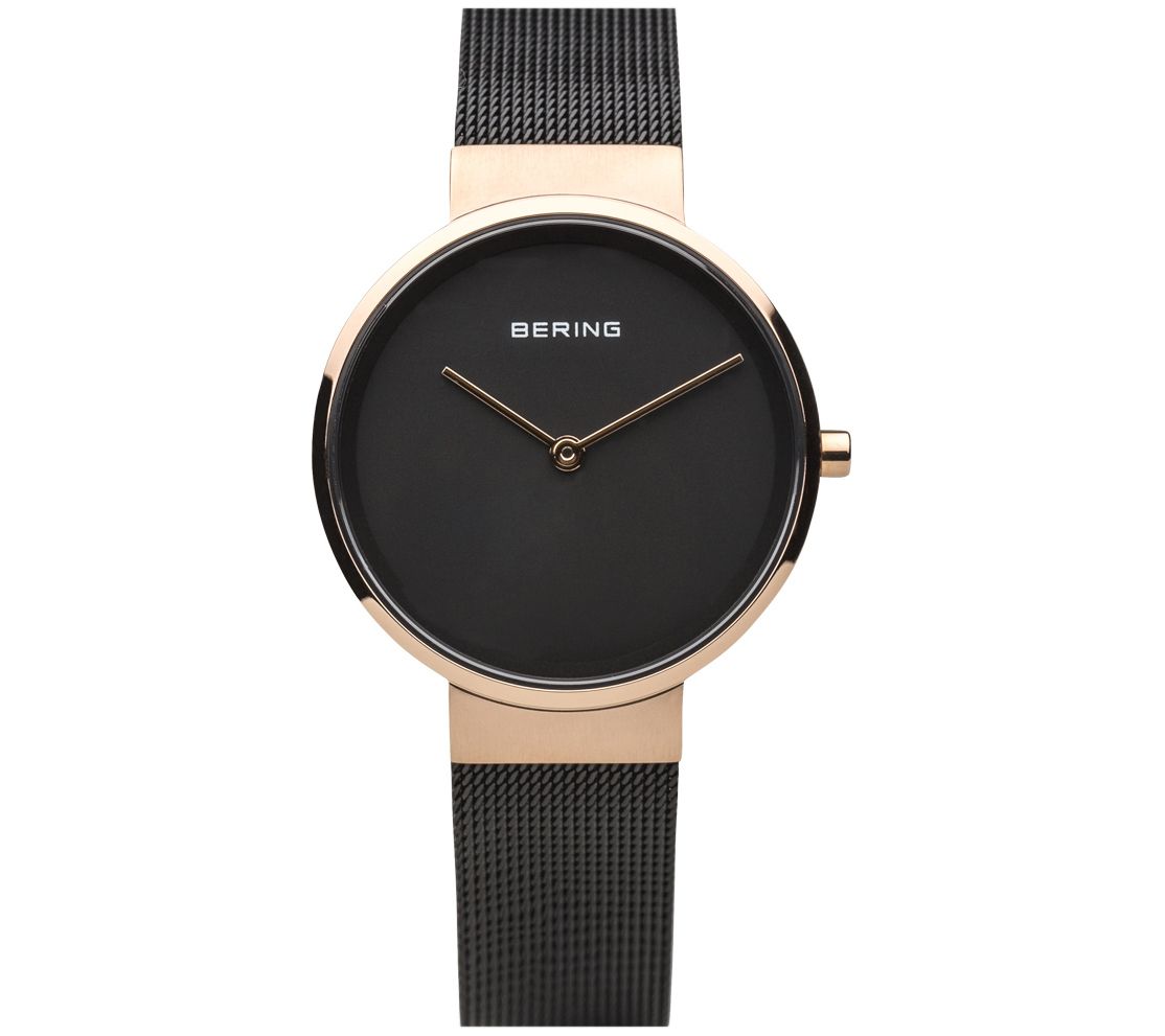 Bering Womens Classic Rosetone & Black Mesh Br acelet Watch
