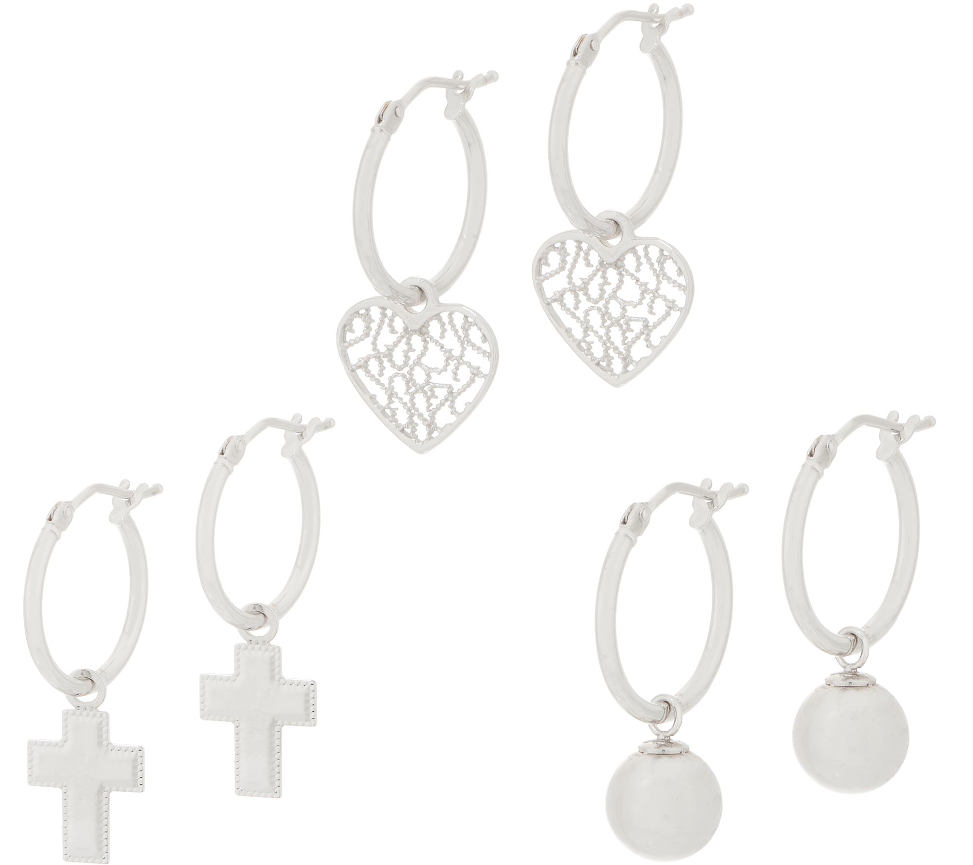 Italian Gold Hoop Earrings Charm Set 14K White Gold