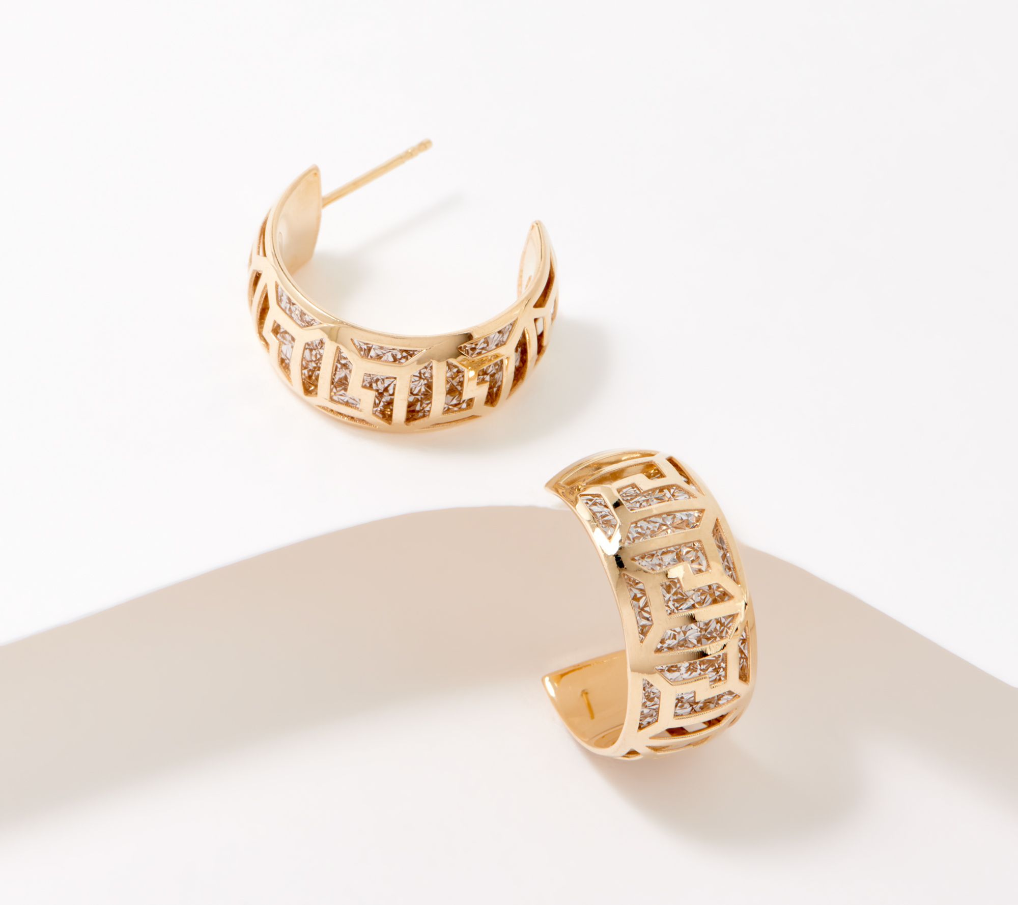 Italian Gold Two-tone Greek Key Hoop Earrings, 14K