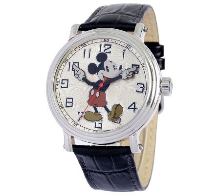 Disney Mens Vintage Mickey Watch w/ Black Leat her Strap