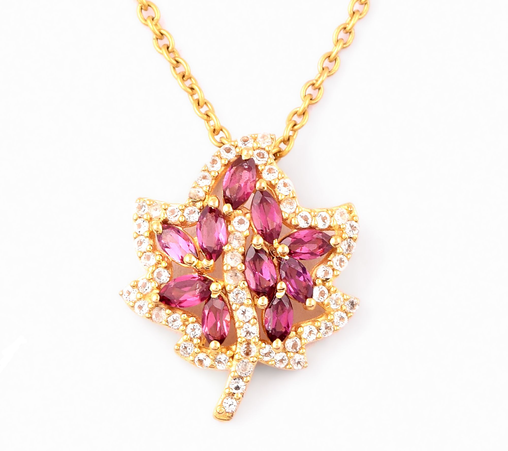 14K Gold-Plated Rhodolite & White Topaz Leaf Ne klace