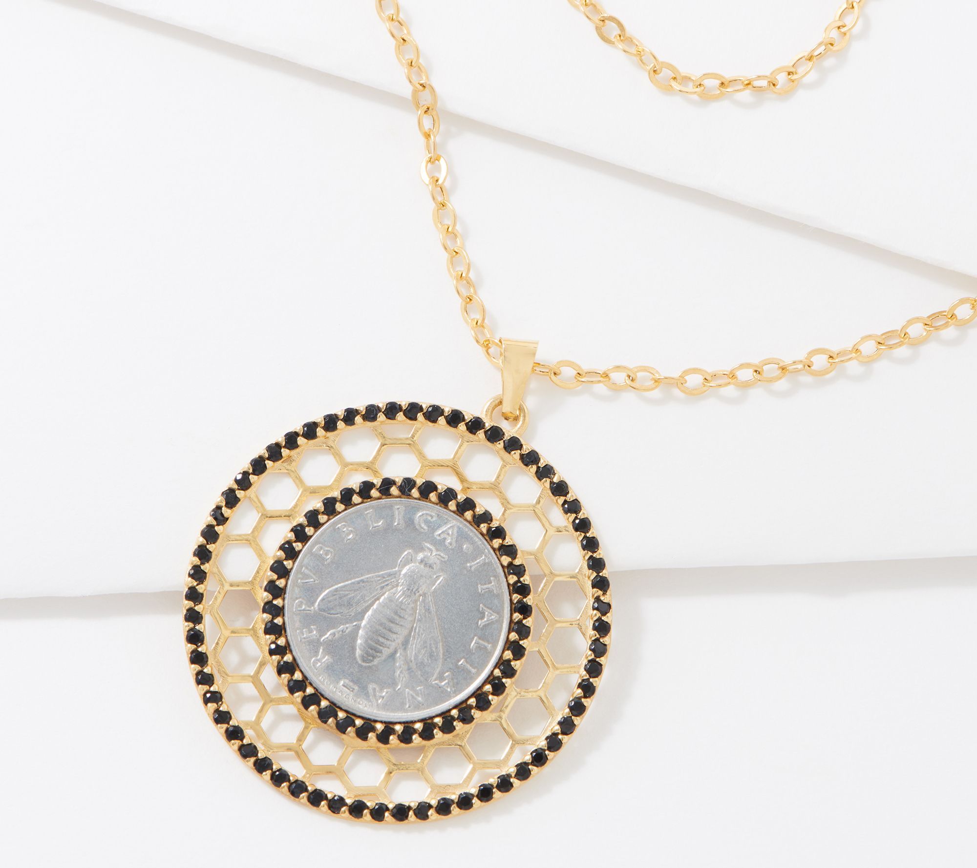 Italian Gold 1.70 cts Black Spinel Bee Coin Necklace, 14K