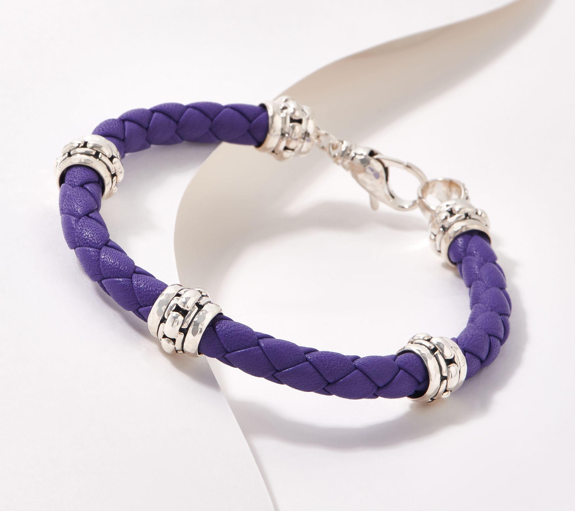 JAI Sterling Silver Woven Leather Station Bracelet