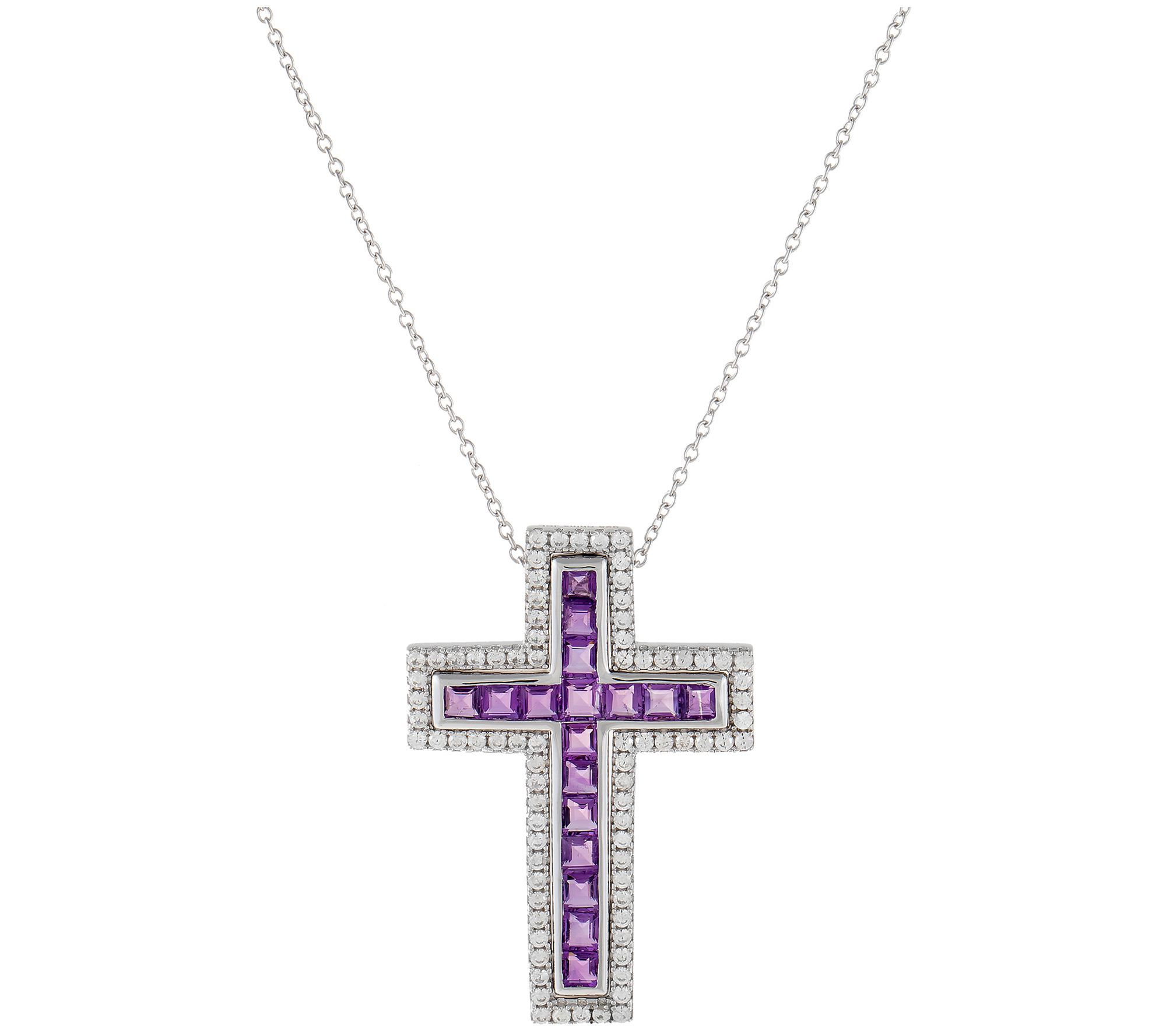 Sterling Silver Amethyst & White Zircon Cross P endant w/ Chai