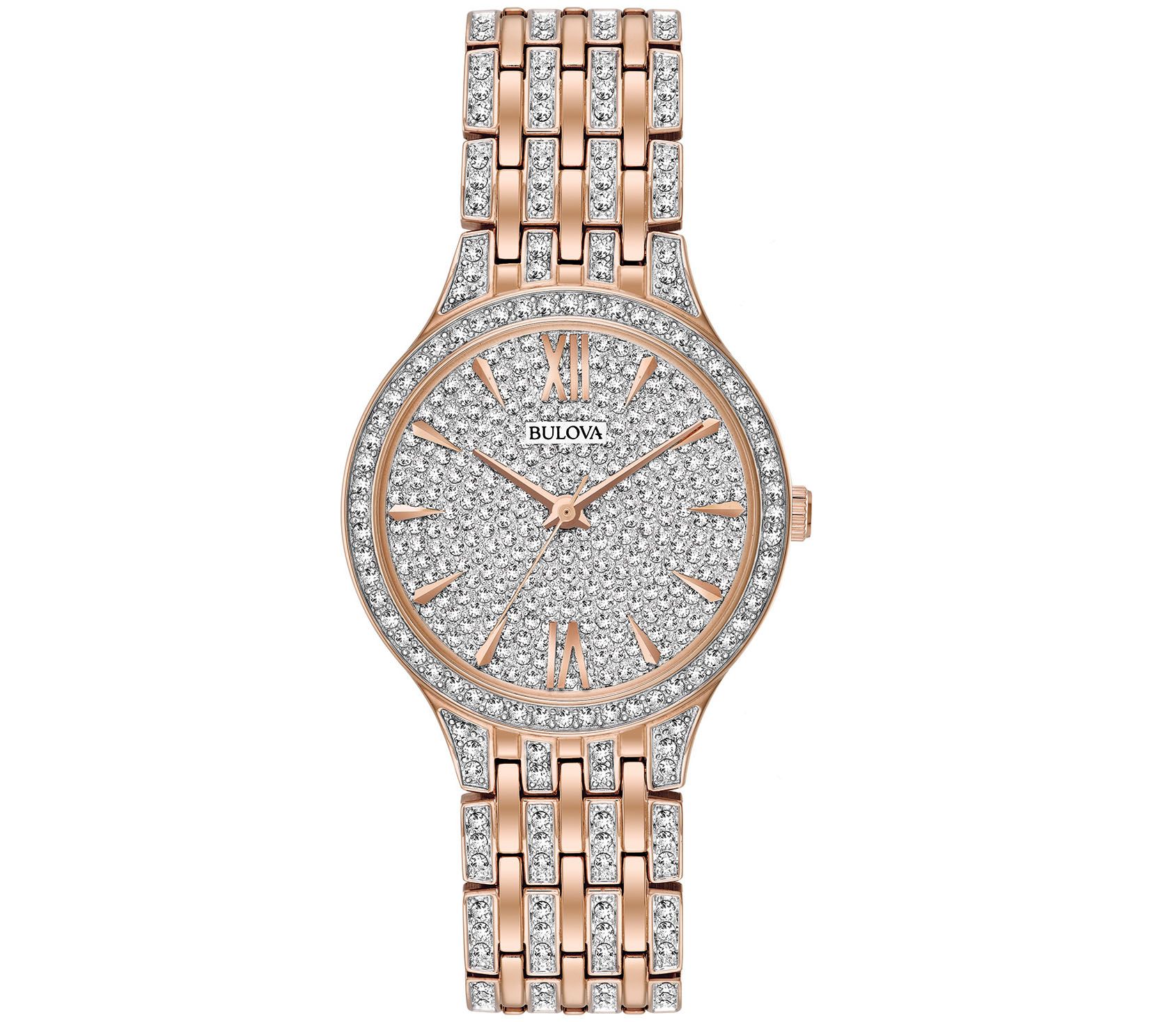 Bulova Womens Rosetone Crystal Watch with Pave Dial