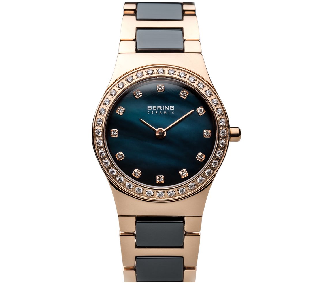 Bering Womens Rosetone Crystal & Blue Ceramic Bracelet Watch