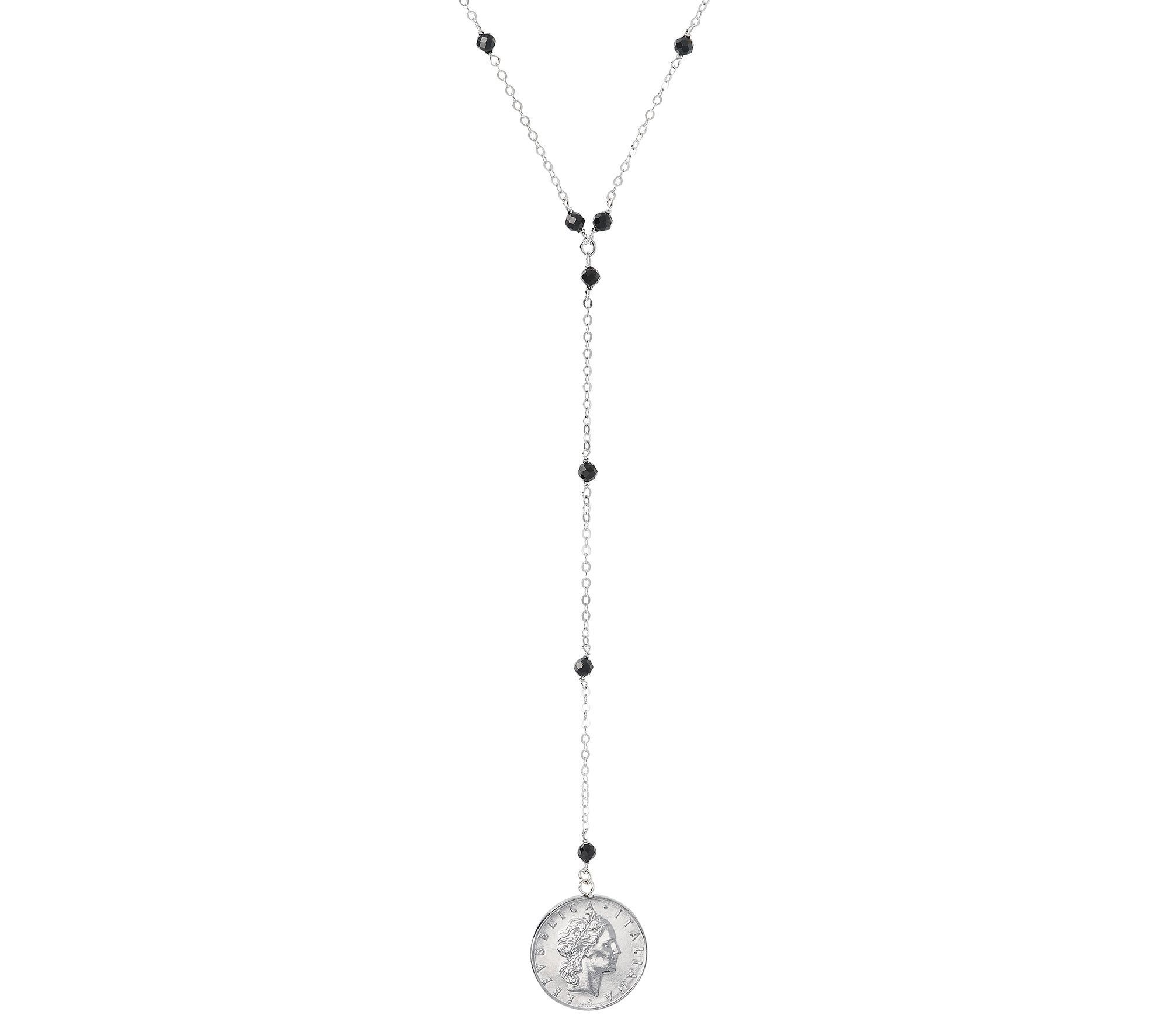 Italian Silver 50 Lire Coin Black Spinel Lar ia Necklace