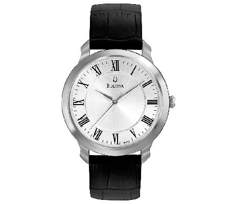 Bulova Mens Stainless Steel Black Leather Stra p Watch