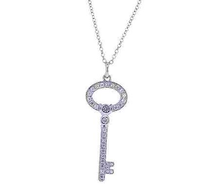 Diamonique Key Pendant w/ Chain, Platinum Clad
