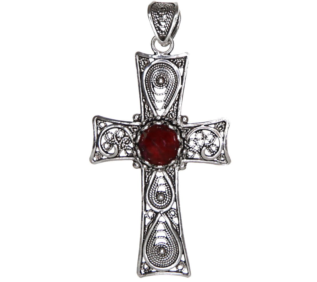 Artisan Crafted Sterling Filigree Gemstone Cros s Pendant
