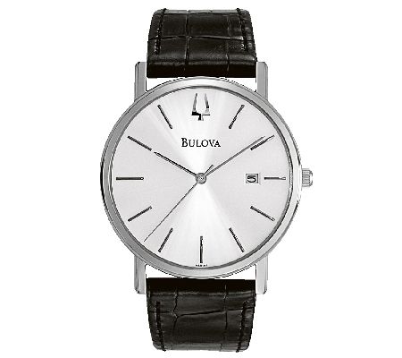 Bulova Mens Stainless Steel Black Leather Stra p Watch