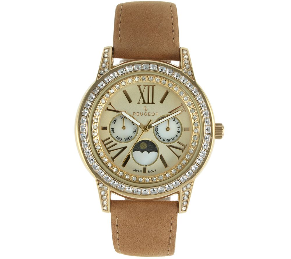 Peugeot Womens Suede Strap Moon Phase Watch