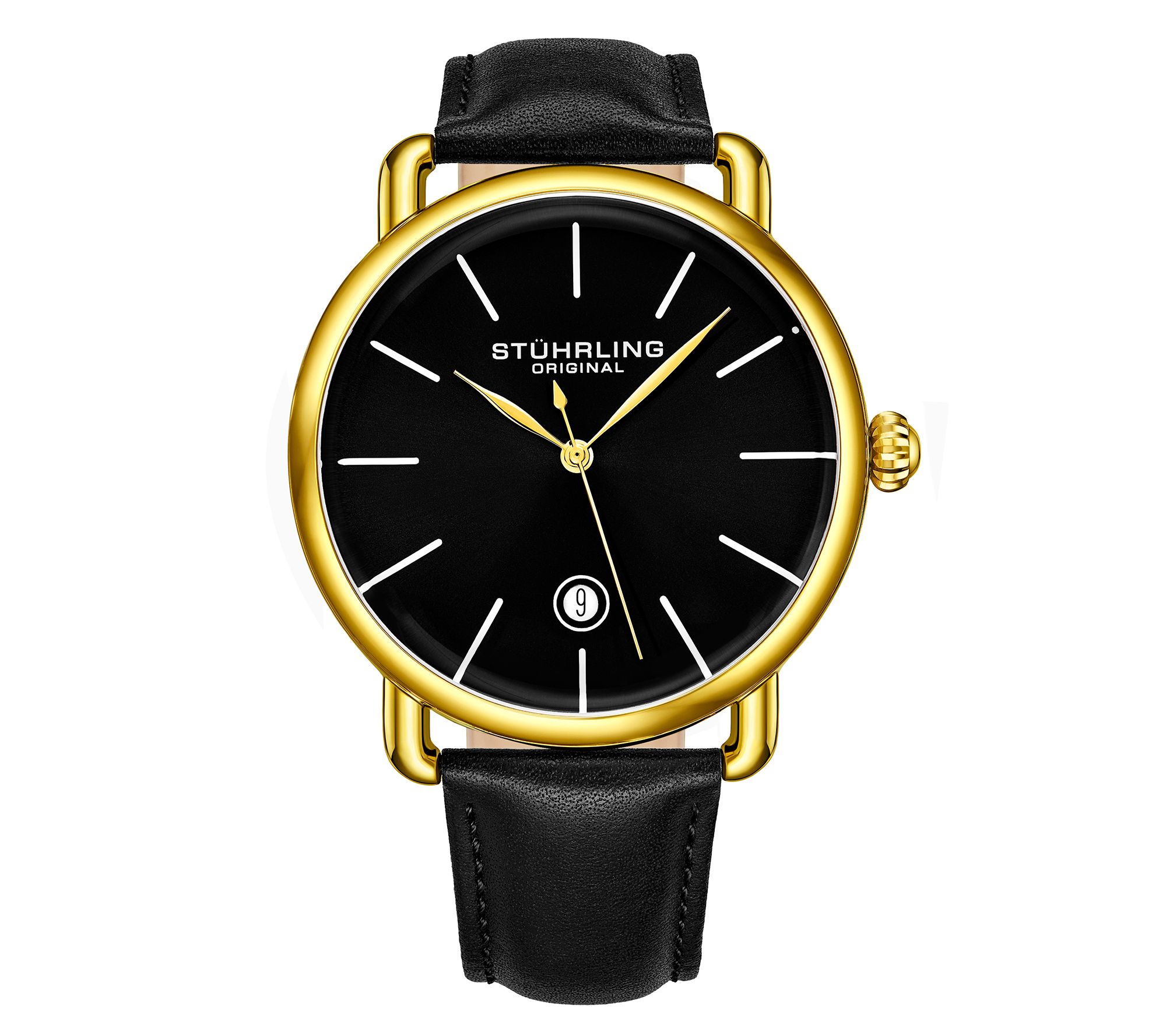 Stuhrling Mens Agent Goldtone Case Black Dial Watch