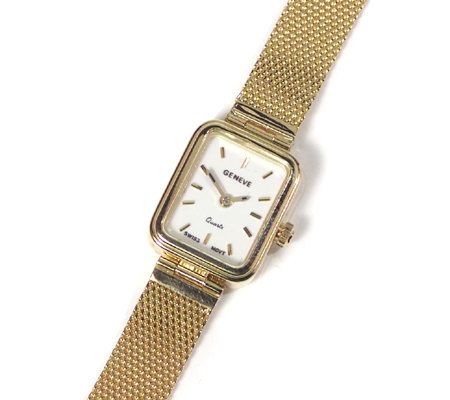 Geneve Ladies Rectangular Case Mesh Watch 18K Gold — QVC.com