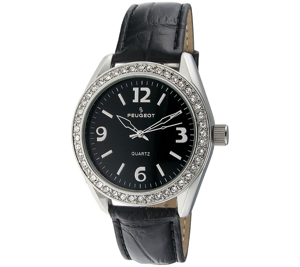 Peugeot Womens Crystal Bezel Black Leather Wat ch