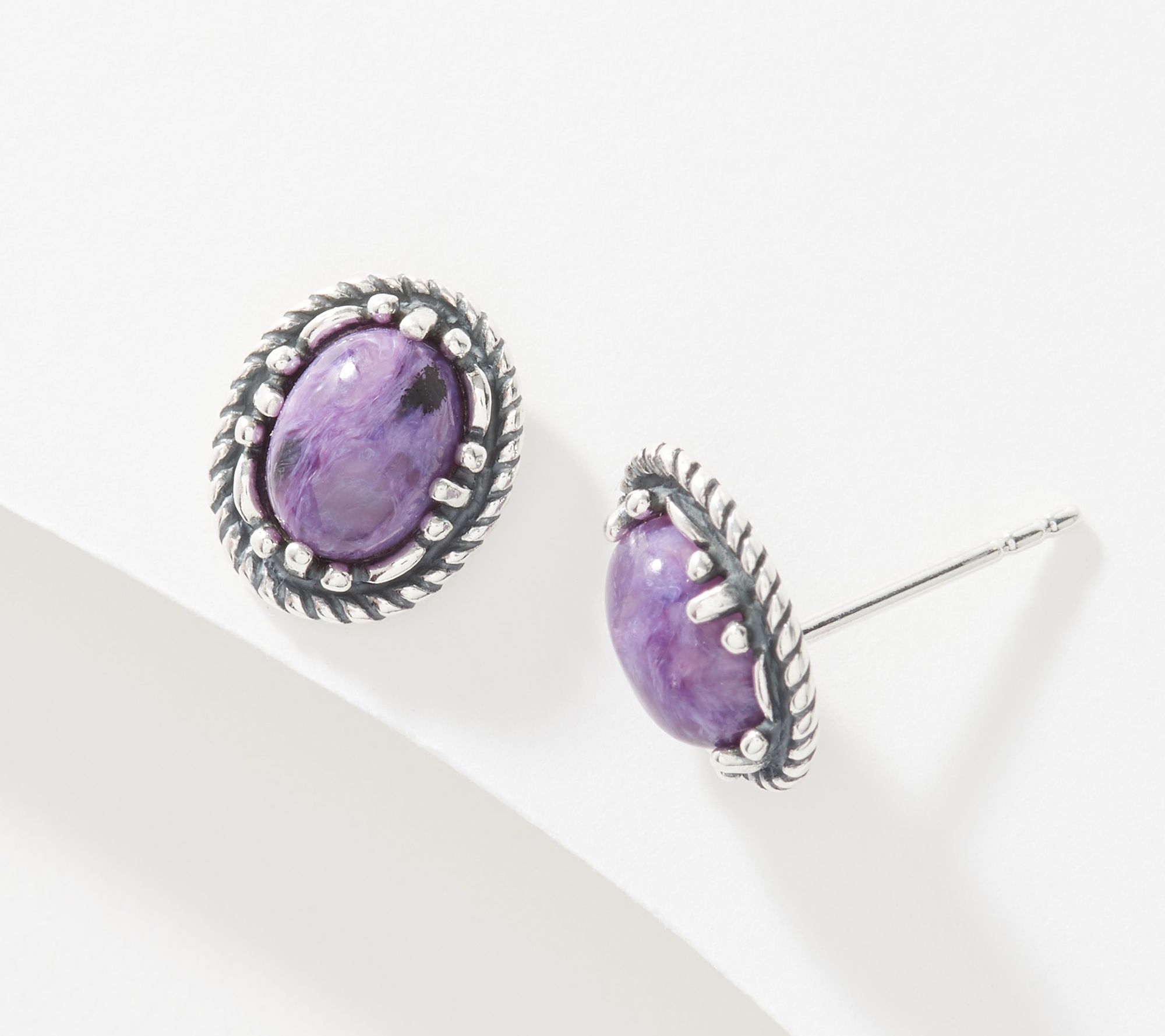 American West Sterling Silver Oval Charoite Button Earrings