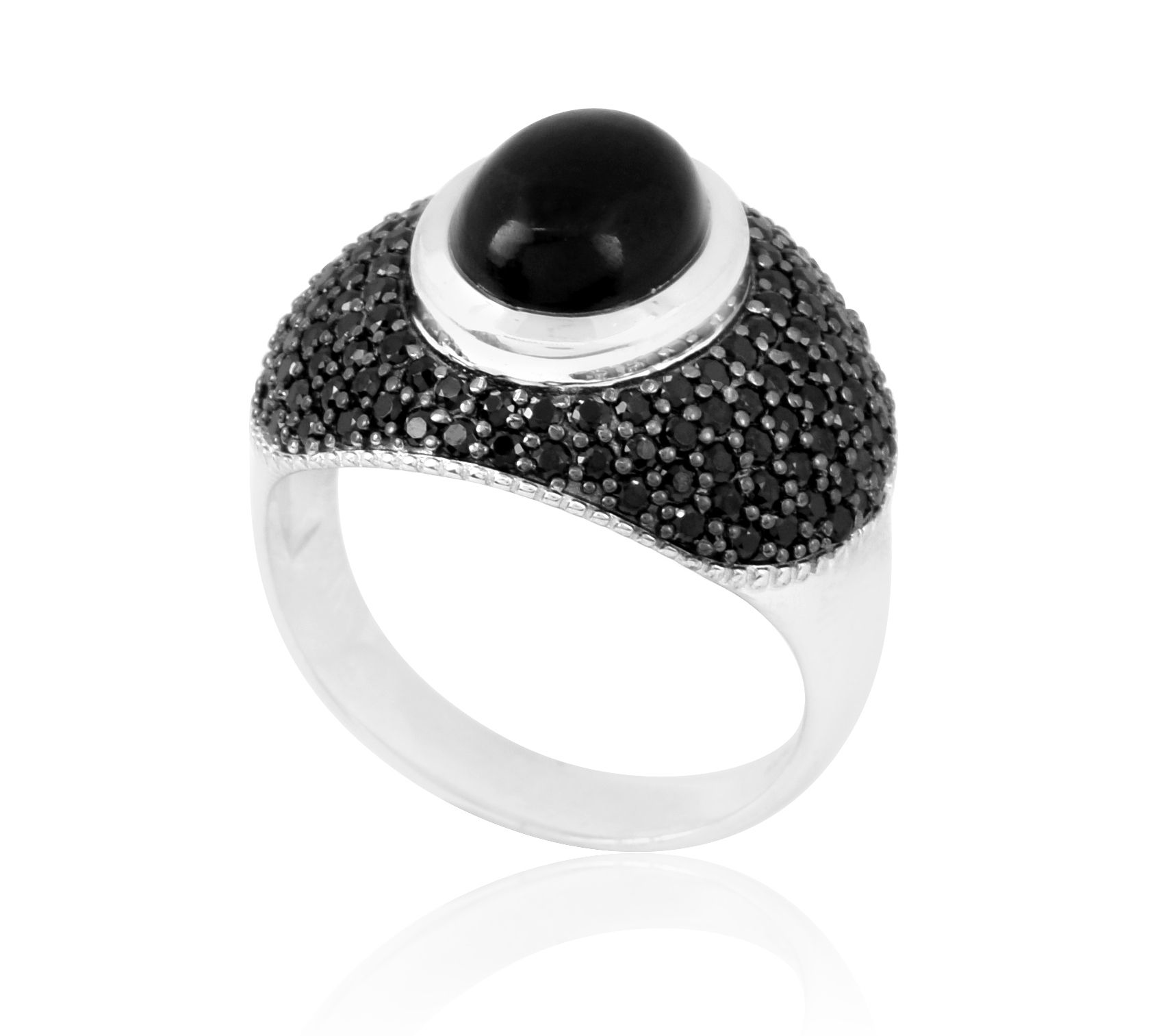Sterling Silver Dome Shaped Black Chalcedony & pinel Ring