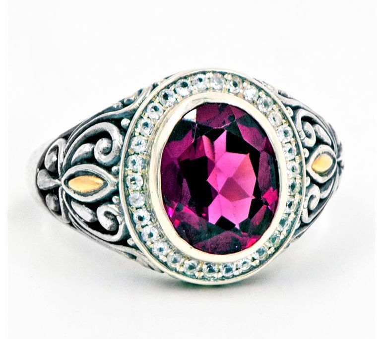 Artisan Crafted Sterling & 18K Rhodolite & White Topaz Ring