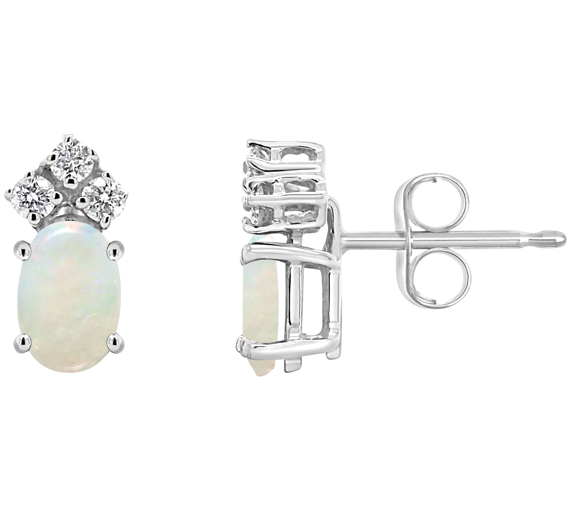 14K Gold Oval 0.50 cttw Opal & 0.10 cttw Diamond Stud Earrings