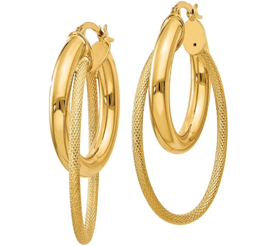 Italian Gold 1-5/8 Textured Oval Hoop Earrings , 14K