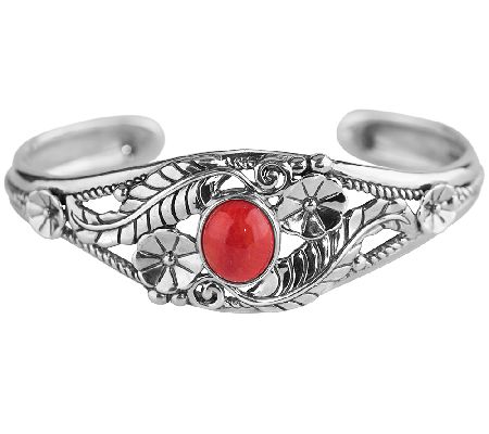 American West Sterling Red Coral Floral Cuff Br acelet