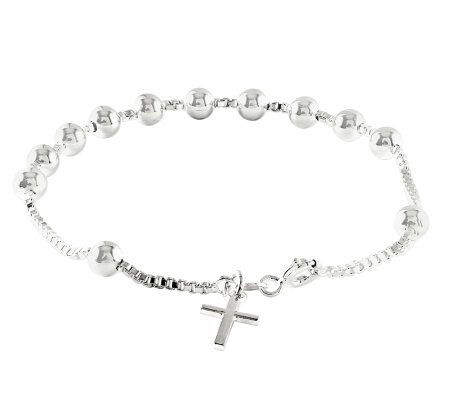 Sterling 7-1/2 Polished Bead Station Cross Dan gle Bracelet
